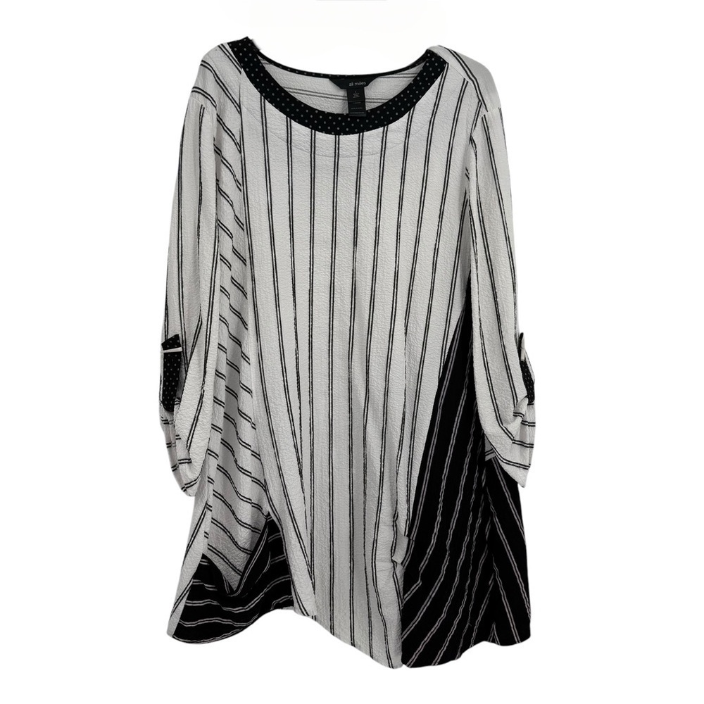 Ali Miles Top Womens Size L White Striped Textured 3/4 Sleeve Asymmetric Pocket